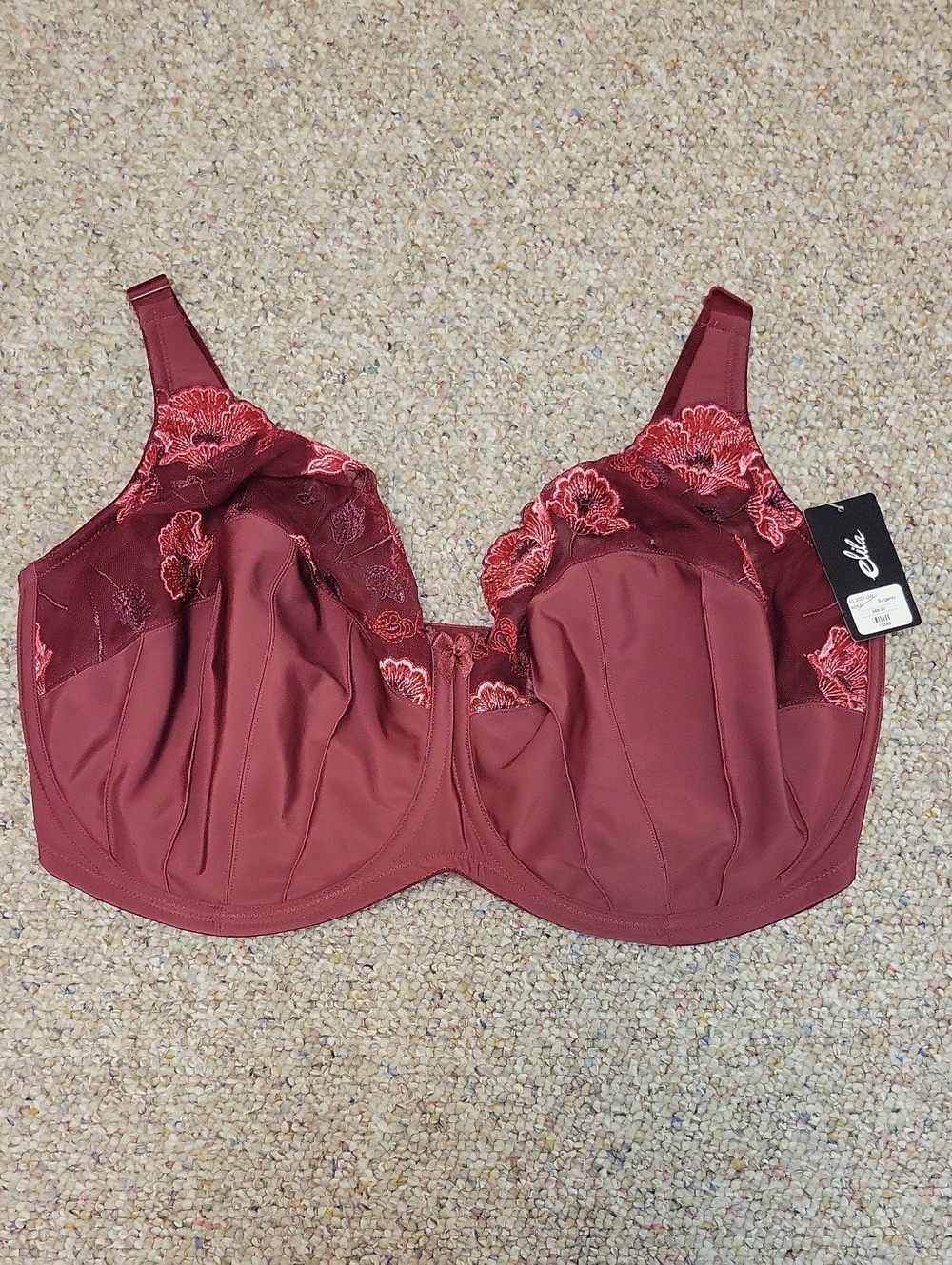 Elila Burgundy Underwire Full Coverage Embroidered Bra Sz 40K Feminine New